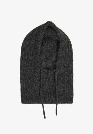 Wool blend hat in dark gray with a soft, textured finish. Features a hood shape and two long ties for securing under the chin.