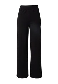 Zwarte wijde broek van zachte stof. Voorzien van een elastische tailleband en een gladde textuur, wat zorgt voor een ontspannen pasvorm.