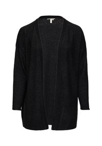 Schwarze Strickjacke aus einem leichten, strukturierten Stoff. Offenes Design, lange Ärmel und gerippte Saumkanten. Keine sichtbaren Verschlüsse.