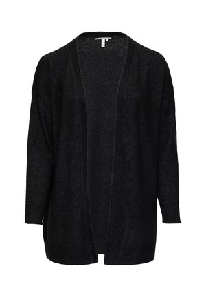 Cardigan noir en tissu léger et texturé. Conception ouverte à l'avant, manches longues et bords côtes. Pas de fermetures visibles.