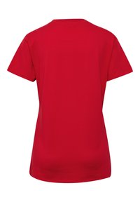Rød T-shirt med korte ærmer lavet af bomuld, med rund halsudskæring, glat tekstur og en lidt løs pasform. Ingen synlige dekorationer.