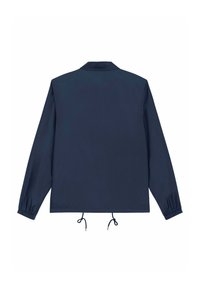 Tengerészkék hosszú ujjú dzseki rugalmas mandzsettákkal, gallérral és állítható húzózsinórokkal a szegélyén, hátulnézetben fehér háttéren.