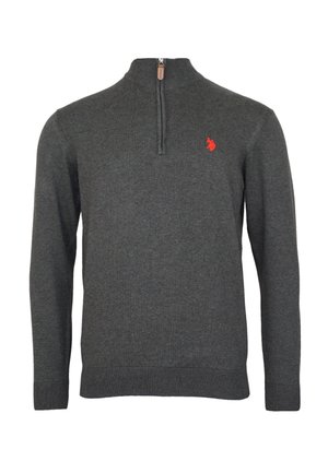 Mörkgrå tröja med kvartdragkedja och långa ärmar, ribbade muddarna och nederdelen, samt en liten röd logotyp på vänster bröst.