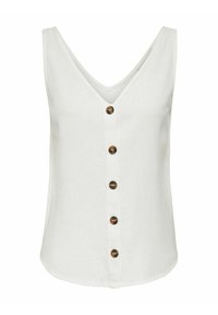 Valkoinen hihaton paita, jossa on V-pääntie, edessä nappilista ja ruskeat napit. Sileä pinta ja suora helma.