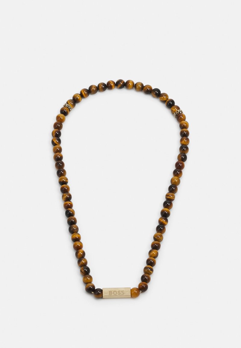 Brun og sort stribet tigerøje perlekæde med et centralt guld-tone BOSS logo. Glatte, runde perler med en blank overflade.