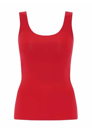 Rotes ärmelloses Oberteil mit rundem Ausschnitt. Hergestellt aus glattem, dehnbarem Stoff, mit einer taillierten Silhouette und ohne sichtbare Muster oder Akzente.