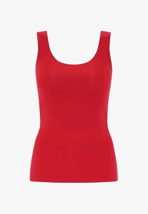 Rotes ärmelloses Oberteil mit rundem Ausschnitt. Hergestellt aus glattem, dehnbarem Stoff, mit einer taillierten Silhouette und ohne sichtbare Muster oder Akzente.