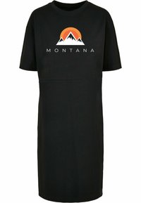 Černé tričkové šaty s kulatým výstřihem a krátkými rukávy. Tištěný design s horami a textem "MONTANA" v bílé a oranžové barvě.