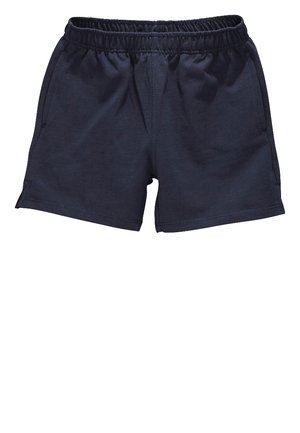 Shorts bleu marine à taille élastique, fabriqués dans un tissu doux ; dotés de poches latérales et d'une coupe simple et décontractée avec des ourlets cousus.
