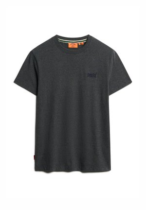 Mørkegrå bomulds t-shirt med rund hals, korte ærmer og et lille blåt logo på brystet. Glat tekstur med minimale designdetaljer.