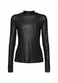 Svart långärmad polotröja i glänsande, strukturerad tyg med en subtil lyster och en figurnära silhuett.