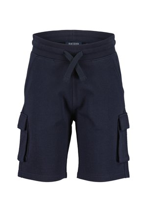 Pantaloni cargo della marina in tessuto morbido. Vita elasticizzata con cordoncino. Tasche laterali con pattina per riporre. Design casual, lunghezza al ginocchio.