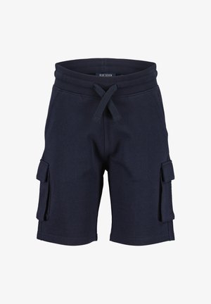Pantaloni cargo della marina in tessuto morbido. Vita elasticizzata con cordoncino. Tasche laterali con pattina per riporre. Design casual, lunghezza al ginocchio.