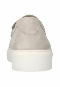 Graue Wildledersneaker mit einer weißen Gummisohle, die eine abgerundete Zehenpartie und ein minimalistisches Design aufweist. Die Rückansicht hebt die glatte Textur und die Nähte hervor.