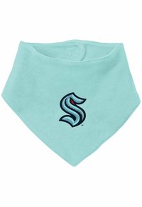 Hellblaues Bandana mit dreieckiger Form, aus weichem Stoff gefertigt. Auf einer Seite befindet sich ein auffälliges dunkelblaues und rotes Logo.