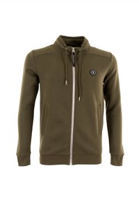 Felpa verde oliva con zip realizzata in morbido tessuto, dotata di un colletto alto, due tasche laterali e una toppa rotonda con logo sul petto.