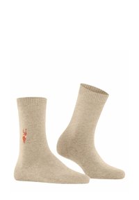 Calzini di cotone beige con polsini a coste e un motivo di cervo ricamato arancione sul lato. Morbido al tatto, lunghezza a metà polpaccio e senza cuciture visibili.