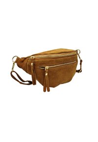 Sac banane en daim marron avec deux poches zippées, quincaillerie dorée et deux accents en franges. Dispose d'une sangle pour un port réglable.