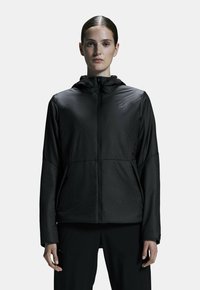 Black lightweight jacket with a zip front, attached hood, and two side pockets. Features a smooth texture and subtle logo on the chest.