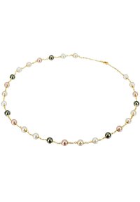 Gold-toned necklace featuring a variety of pearls in pink, white, and black, evenly spaced and connected by metal links.