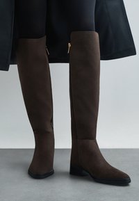 Botas marrones hasta la rodilla, hechas de ante, con un diseño elegante, tacón bajo y cremalleras laterales para facilitar su uso. Acabado mate texturizado.