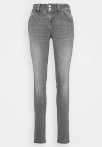 Jean skinny en denim gris avec un design à cinq poches, doté d'une taille à bouton et d'un léger délavage sur l'ensemble du tissu.