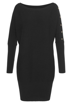 Abito maglione nero a maglia con scollatura off-shoulder, texture a coste e maniche lunghe. Presenta bottoni decorativi sulle maniche.