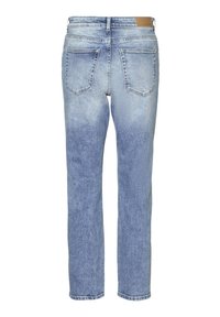 Lichtblauwe denim jeans met een vervaagd ontwerp, rechte snit, vijf zakken en een leren label op de tailleband aan de achterkant.