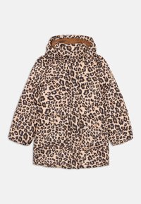 Kleita ar leopardu rakstu, gaiši brūnā krāsā, ar kapuci, divām priekšējām kabatām un quilted tekstūru ar redzamām šuvēm.