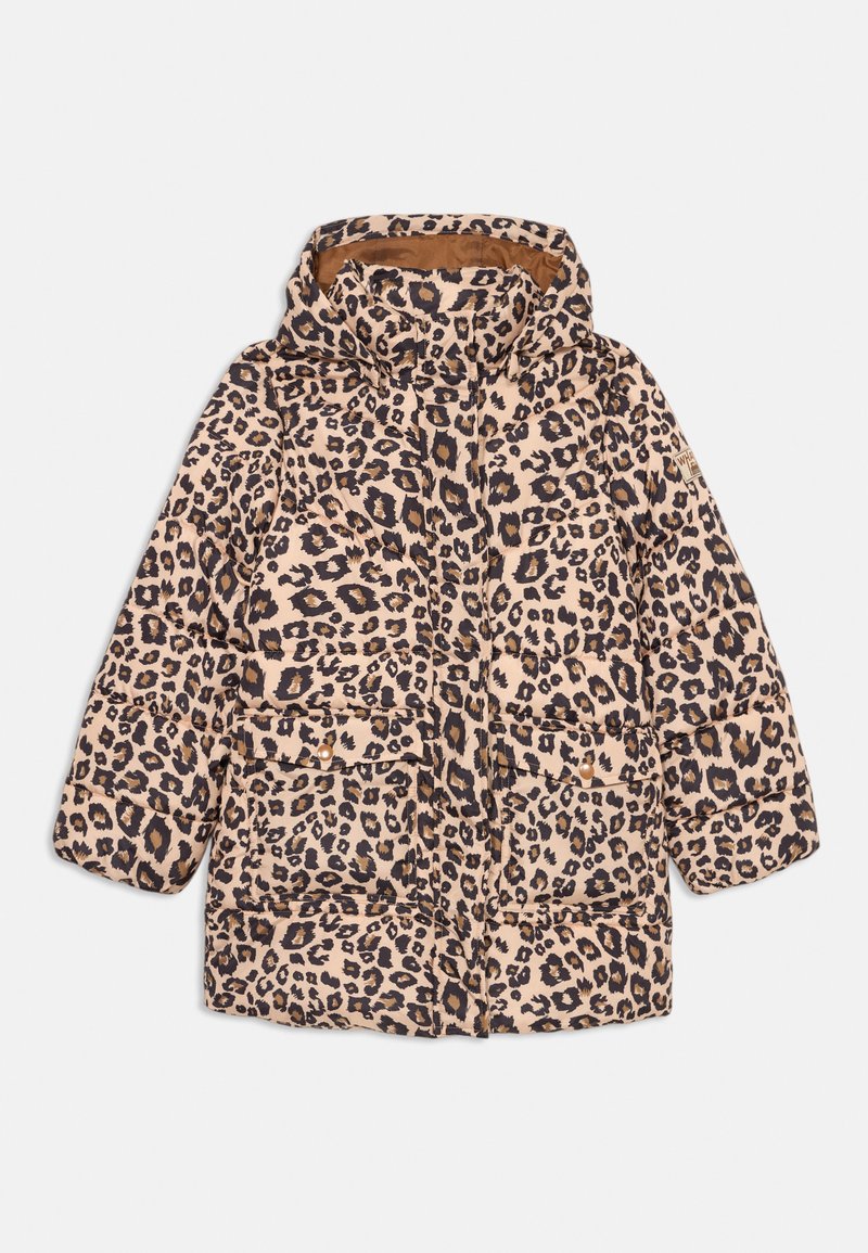 Kleita ar leopardu rakstu, gaiši brūnā krāsā, ar kapuci, divām priekšējām kabatām un quilted tekstūru ar redzamām šuvēm.