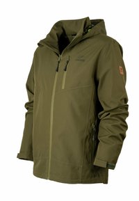Olivegrüne Outdoor-Jacke mit hohen Kragen, zwei mit Reißverschluss versehenen Vordertaschen und verstellbaren Bündchen. Das Material wirkt glatt und leicht.
