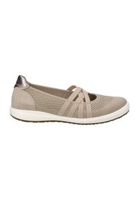 Béžová síťovaná obuv na slip-on s křížovými pásky, hladkým koženým zadním dílem a bílou gumovou podrážkou s texturovaným gripem.