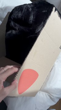 Crni umjetni krzno djelomično je vidljivo unutar kartonske kutije. Kutija ima izrez na vanjskoj strani u obliku naranče.