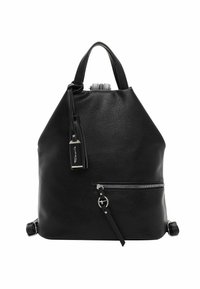 Schwarzer Leder-Rucksack mit runder Form, ausgestattet mit einer vorderen Reißverschlusstasche, verstellbaren Trägern und einem dekorativen Quaste-Detail.