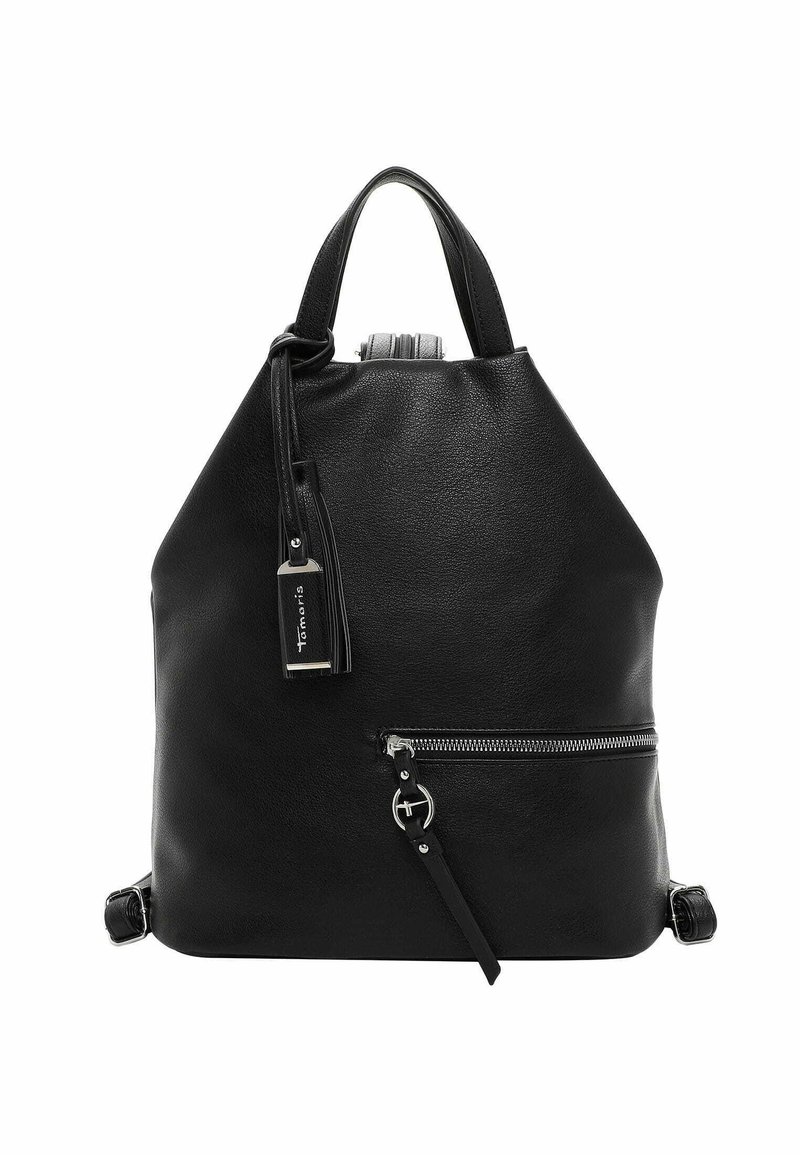 Schwarzer Leder-Rucksack mit runder Form, ausgestattet mit einer vorderen Reißverschlusstasche, verstellbaren Trägern und einem dekorativen Quaste-Detail.
