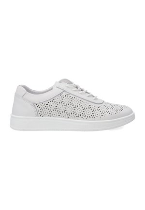 White sneaker featuring a perforated design on the sides, smooth leather upper, and textured rubber sole. Lace-up closure at the front.
