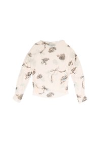 Lekka bluzka z długim rękawem w jasno-kremowym kolorze z kwiatowym wzorem szarych róż i kokardek, o luźnym kroju i okrągłym dekolcie.