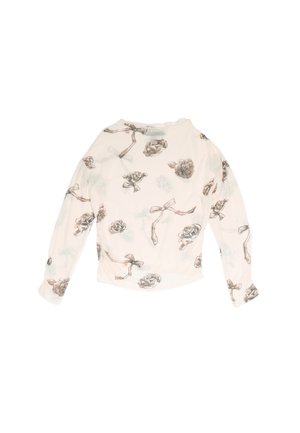 Camiseta ligera de manga larga en color crema claro con un estampado floral de rosas grises y lazos, que presenta un corte holgado y cuello redondo.