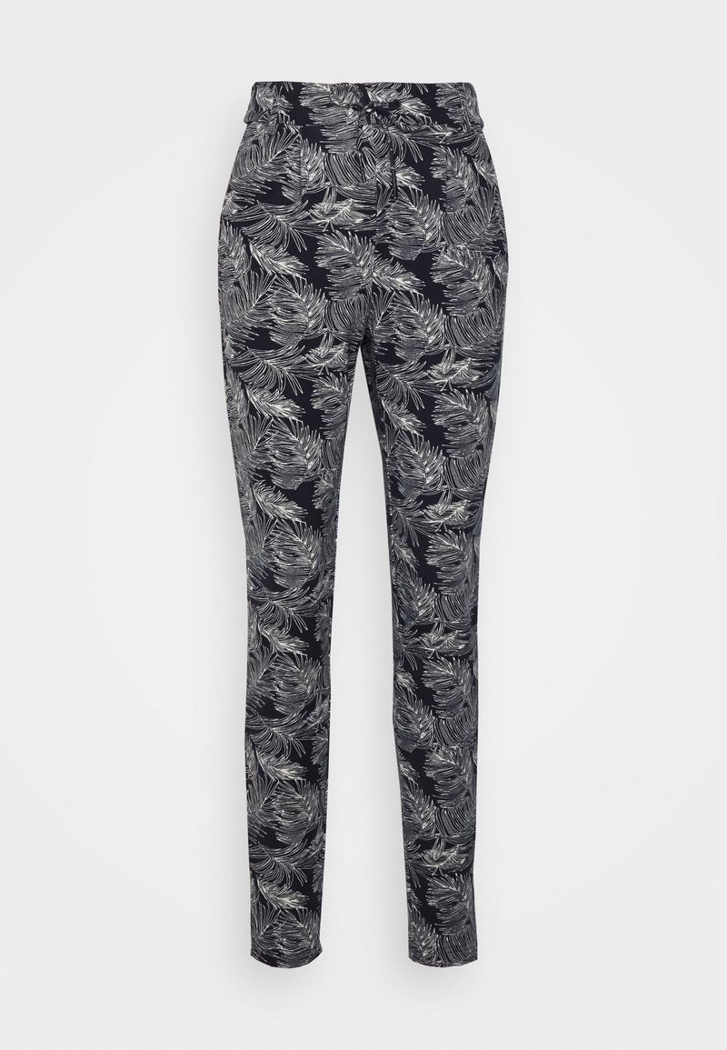 Calças pretas com um padrão de folhas cinza claro, apresentando um design justo e uma textura de tecido suave. Cintura padrão sem fechos visíveis.