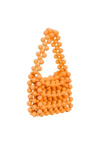 Orange håndtaske lavet af sfæriske perler, med et struktureret design, rundet håndtag og en tekstureret overflade.