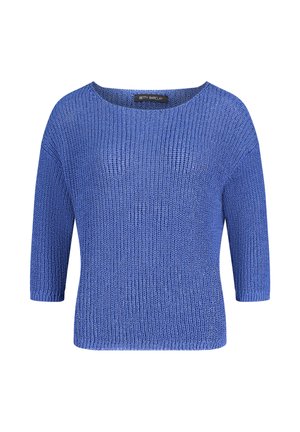 Blauw gebreide trui met driekwartmouwen en ronde halslijn, label met de tekst "Betty Barclay."
