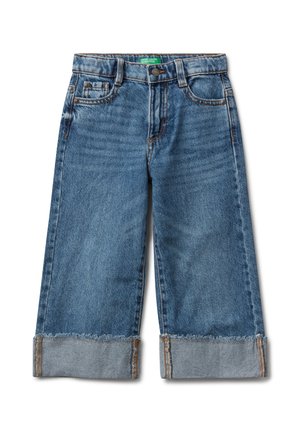 Jean en denim bleu cropped avec revers roulés, bouton et fermeture éclair devant, passants de ceinture et design à cinq poches.