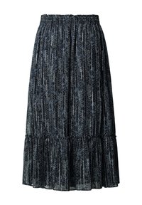 Gonna nera con strisce verticali argentate e orlo a balze a strati. Realizzata in tessuto leggero con vita elasticizzata arricciata.