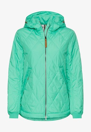 Gevoerde mintgroene jas met capuchon, rits sluiting, twee voorke pockets en elastische manchetten. Glad, glanzend materiaal met een subtiele textuur.