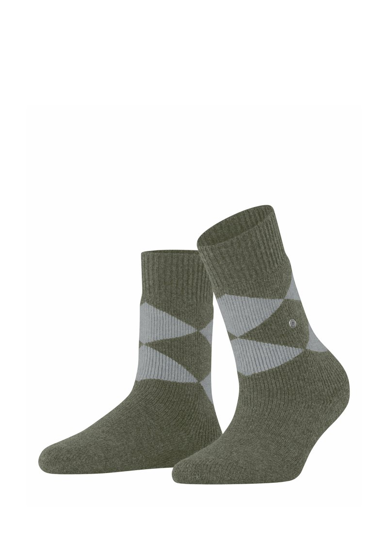 Grüne gerippte Socken mit einem Diamantmuster in Hellgrau, und einem Logo-Akzent an der Seite. Mittellange Knöchellänge und weicher Textur.