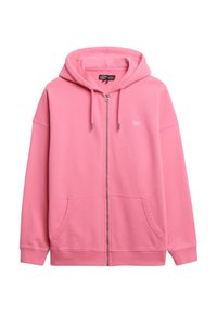 Roze zip-up hoodie van zachte stof met een kangoeroezak, een capuchon met trekkoord en een logo op de linkerbovenkant. Soepele textuur, losse pasvorm.