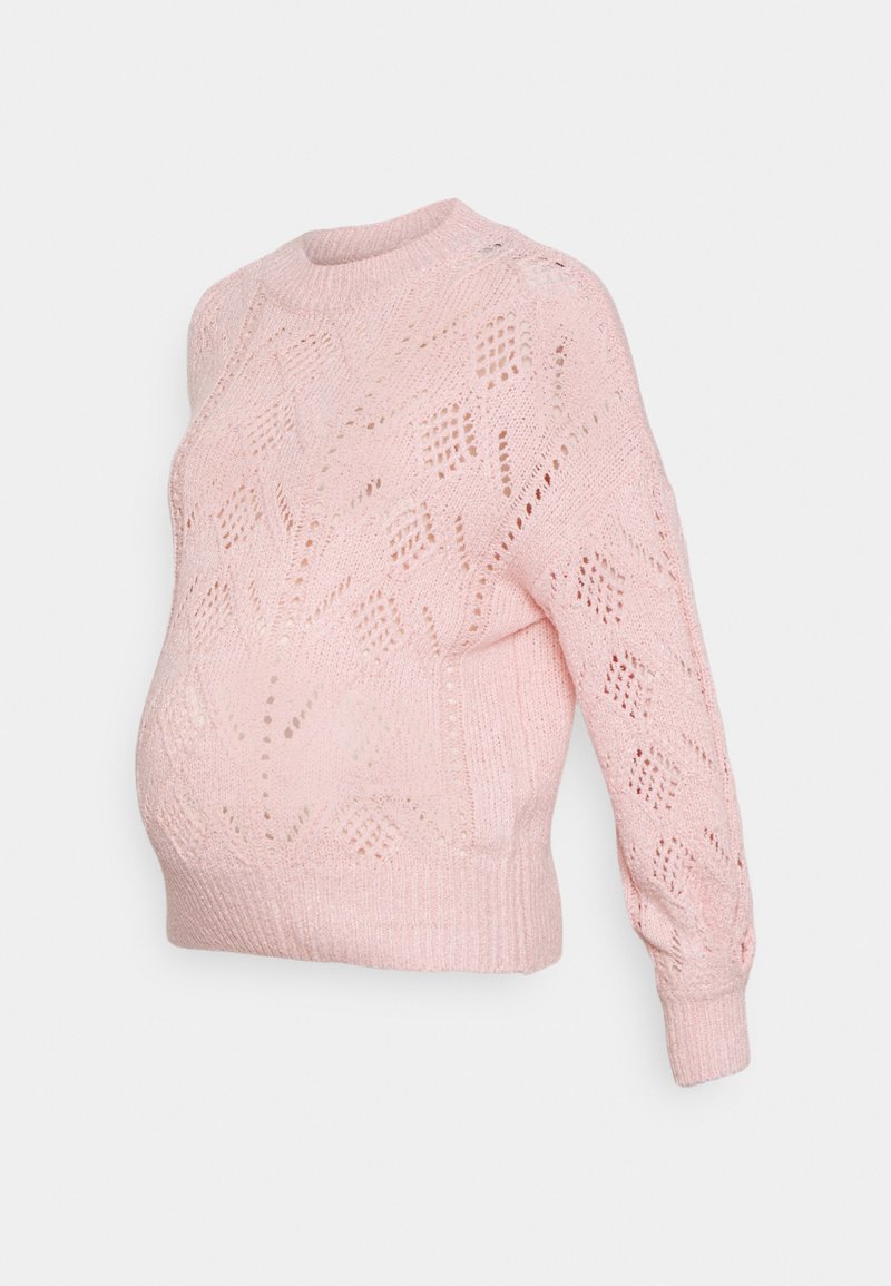 Sweater de malha rosa claro com um padrão texturizado em rede, punhos canelados e um decote redondo, projetado para acomodar uma barriga em crescimento.