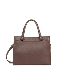 Sac à main en cuir marron avec une finition texturée, double anses, bandoulière amovible et accents en métal doré. Forme rectangulaire.