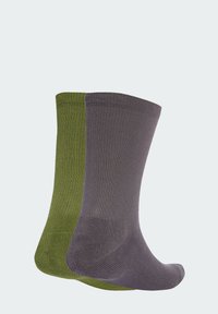 Calcetines de algodón en verde oliva y gris oscuro, con textura acanalada y un diseño de longitud media. Acabado suave con colores contrastantes.