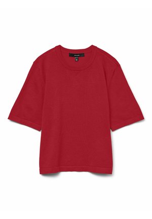 Haut en maille rouge à manches courtes avec encolure ronde et col côtelé, présenté à plat sur fond blanc sans motifs ni logos.